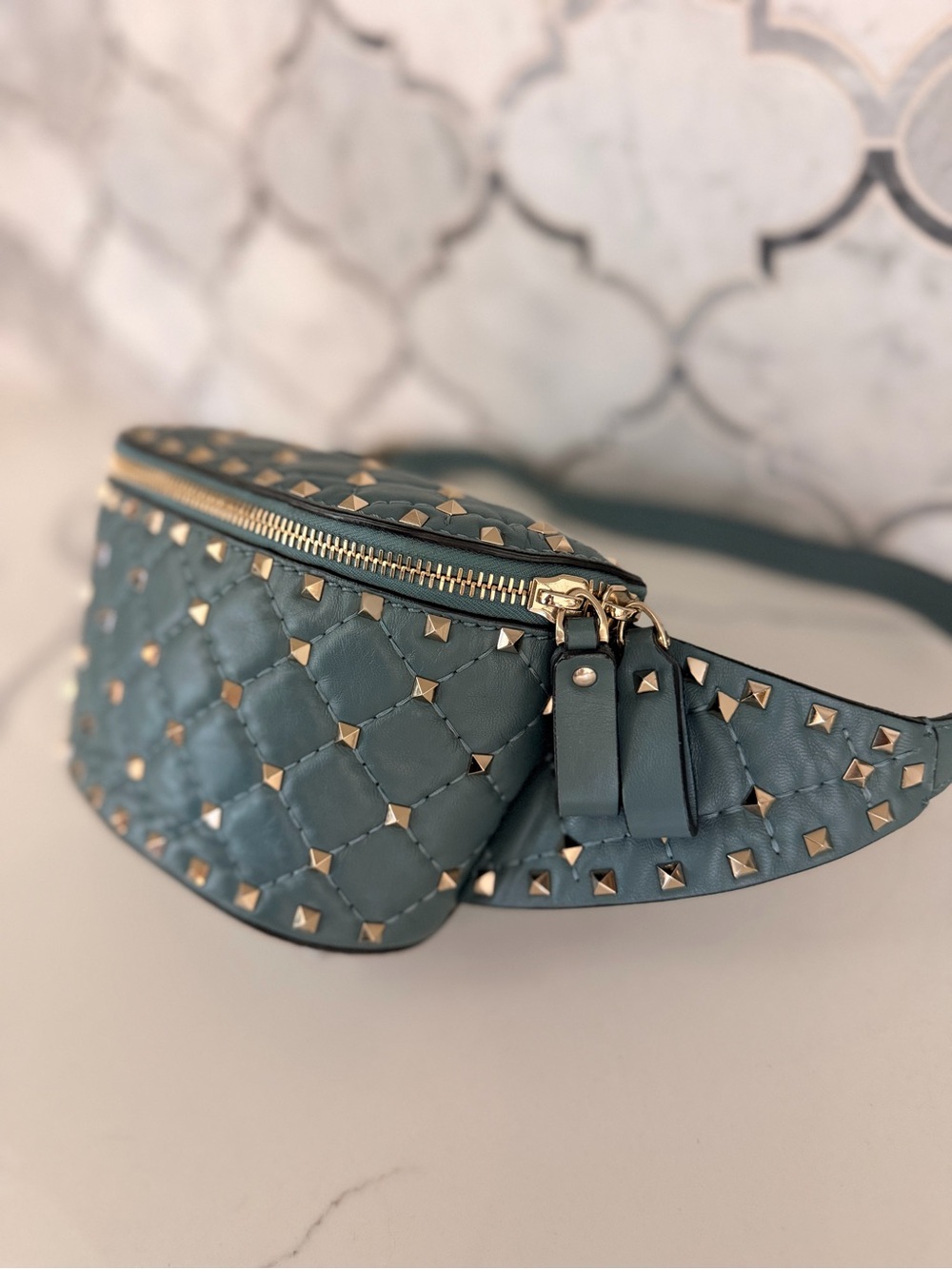 Valentino Garavani Quilted Teal Leather Rockstud Belt Bag - Picture 4 of 7